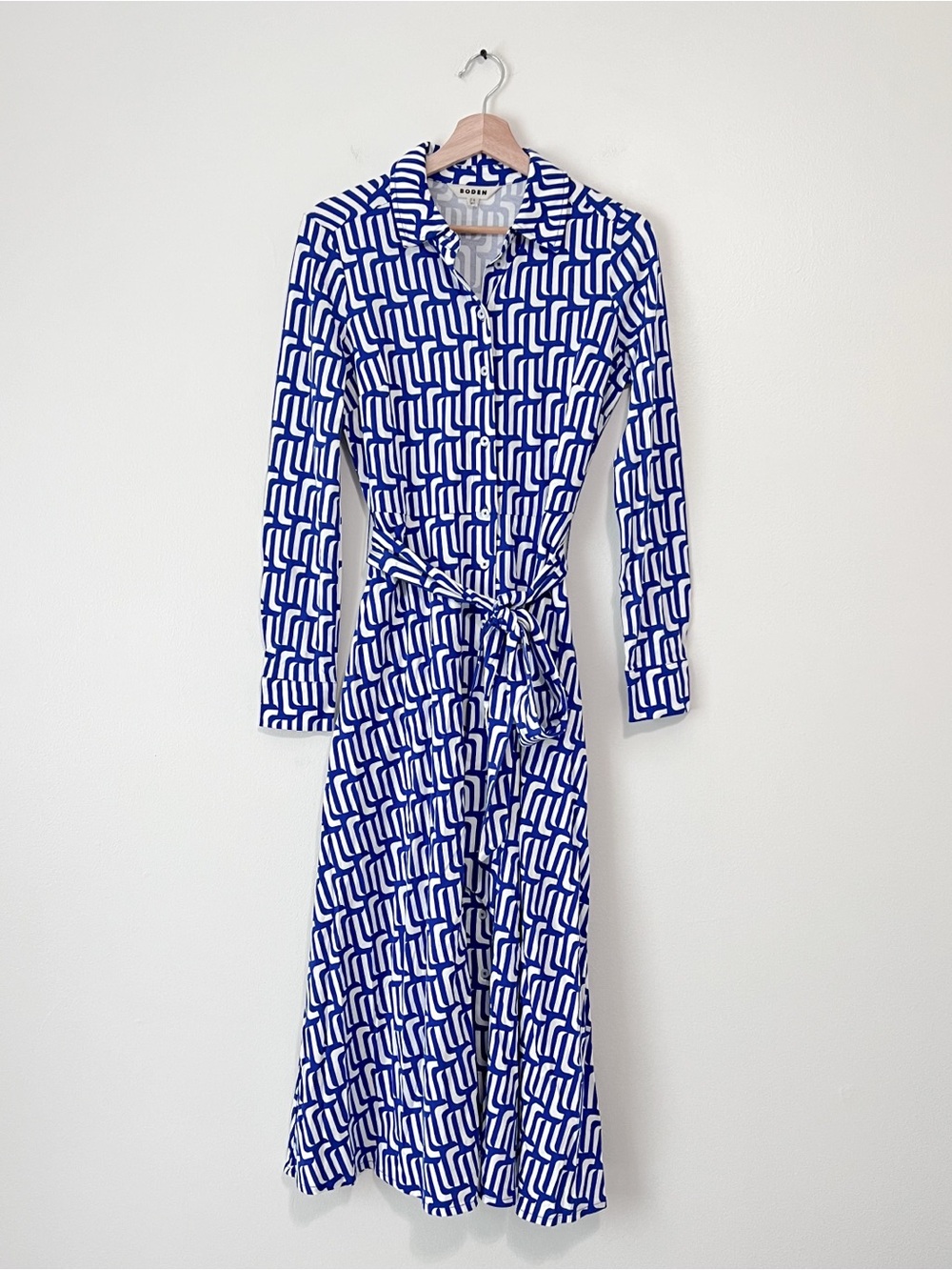 Boden Marcia Jersey Midi Shirt Dress Blue White Geometric Belted US 4R UK 8R - Picture 3 of 12